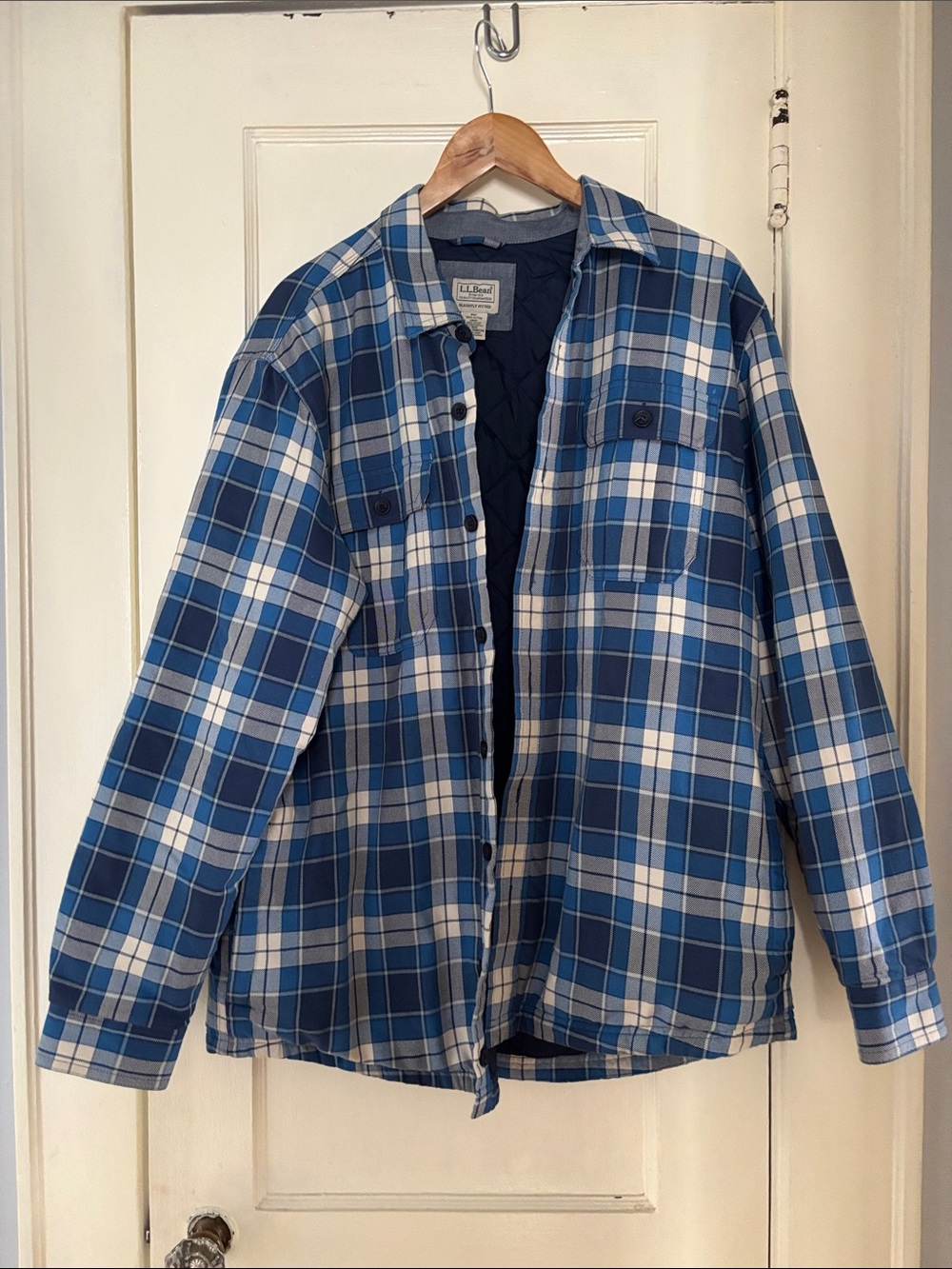 L.L. Bean Blue & White Plaid Quilted-Lined Shirt Jacket